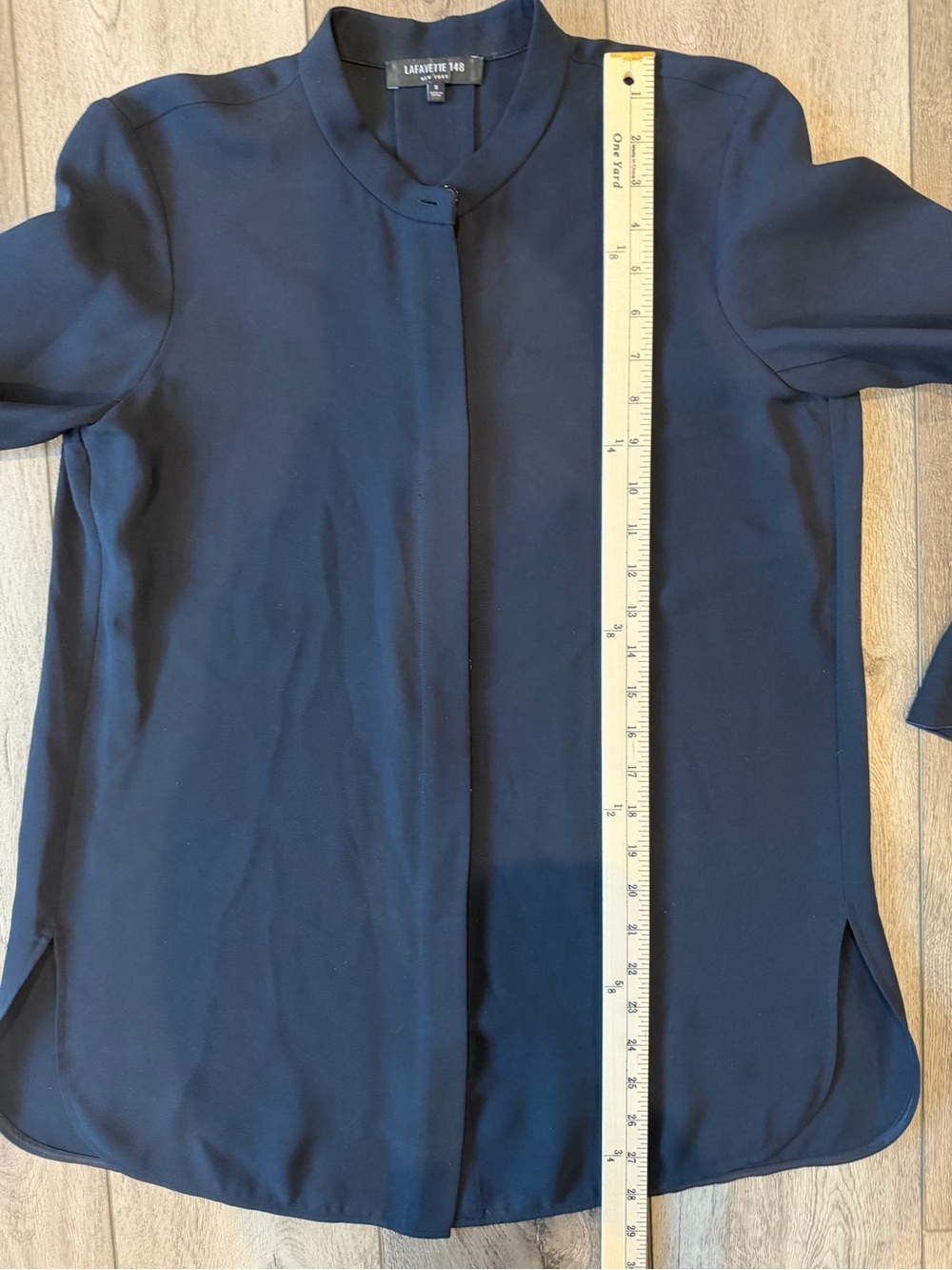 Lafayette 148 New York Classic Navy Hidden Button Blouse with Ruffle Sleeve - Picture 6 of 9